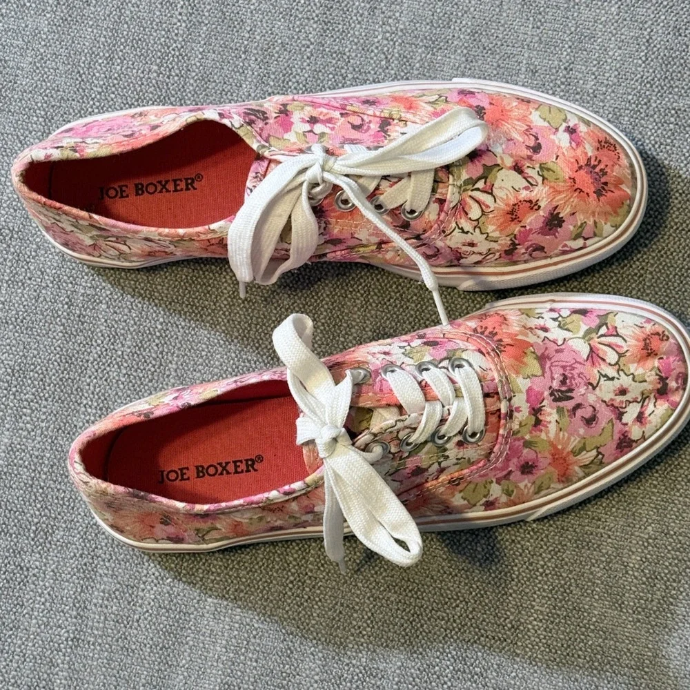 Joe Boxer Zahara‎ Womens Floral Canvas Sneakers Pink Orange Low Top Lace Up 8M - Picture 2 of 5